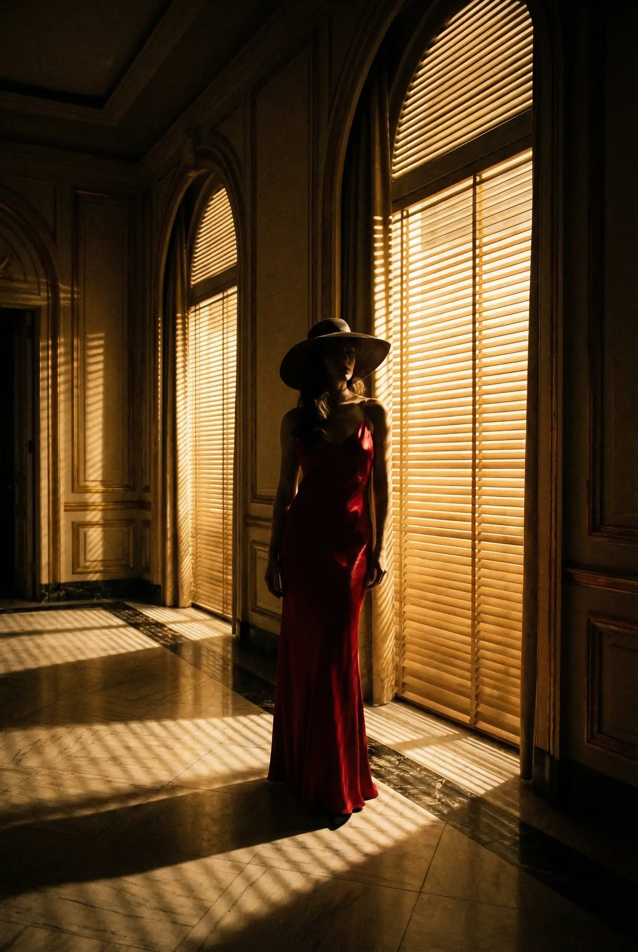 水果派 出品影片《绯色走廊》艺术海报，红裙女性身影